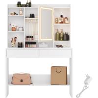 Tocador con Luces LED con Brillo Ajustable, Mesa de Maquillaje con Espejo, Espacioso, Estantes Ajustables, 2 Cajones, Mesa de Maquillaje, Blanco Nube - details 7