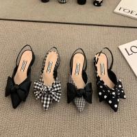 Zapatos de tacón para mujer, zapatos de tacón con lazo y punta estrecha a la moda, tacones de lunares a cuadros, Sandalias de tacón pequeño sin cordones, zapatos finos informales - details 0