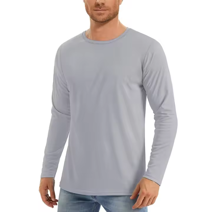 Camiseta de protección solar UV para hombre, color sólido, manga larga, cuello redondo, senderismo al aire libre, pesca, camisetas de secado rápido - 1