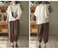 Pantalones bombachos bordados de lino y algodón para mujer, pantalones de pierna ancha con cordón de talla grande, cintura elástica, ajuste suelto informal, primavera y verano, 3xl, 2xl - details 5