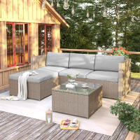 Conjunto de sofá lounge de poliratán, muebles de jardín lounge, sofá esquinero, conjunto de sofá con cojines de asiento y respaldo, mesa lounge con tapa de cristal, color caqui - details 1
