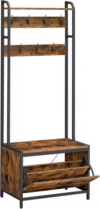 Perchero Zapatero Industrial Estante Superior con 9 Ganchos Estilo Rústico Marrón y Negro - 1