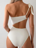 Traje de baño de una pieza para mujer, traje de baño con control de barriga, cuello asimétrico fruncido, monokini con una correa para el hombro - details 2