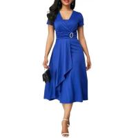 BUNO-Vestido de fiesta de cóctel para mujer, vestido informal con cuello en V, manga corta, cintura con cordones, asimétrico, dobladillo ancho, vestido de fiesta de noche - details 6