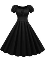 Summer women puff sleeve casual vintage party solid elegant midi dress - details 16