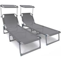 2 Tumbonas Plegables con Sombrilla, Playera Reclinable 4 Posiciones, Estructura Acero y Tejido Textileno, Peso Máx Soportado 110kg para Piscina, Jardín, Playa 190x58x27cm, Beige - details 6