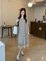 Vestido de punto a rayas de manga corta con borlas francesas para mujer en verano, falda larga fina, de alta gama, elegante y hermosa - details 8