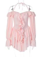 Vestido Mini de Verano 2024 Sexy Elegante con Mangas de Flecos Color Puro Sin Lazos - details 1