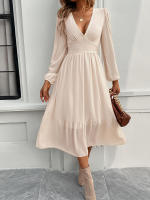 Vestido largo elegante de color sólido con cuello en V para otoño e invierno - details 6