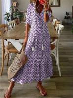 Vestido largo bohemio de verano para mujer, vestidos Vintage con estampado ral y manga con cuello en V, vestido de playa holgado informal con cordón para mujer - details 16