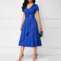 BUNO-Vestido de fiesta de cóctel para mujer, vestido informal con cuello en V, manga corta, cintura con cordones, asimétrico, dobladillo ancho, vestido de fiesta de noche - details 4