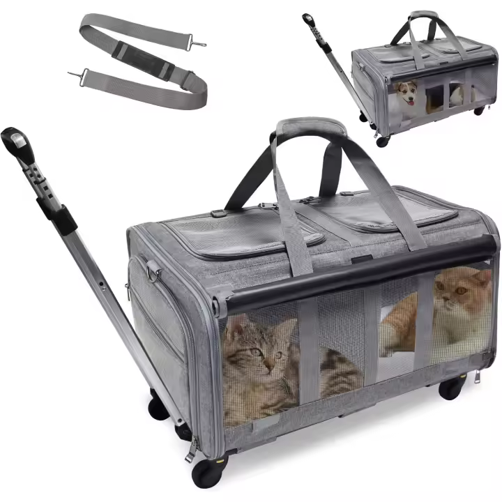 GOYJOY Transportador rodante para mascotas de doble compartimento con ruedas para 2 mascotas, para hasta 35 libras, transportador rodante para gatos para 2 gatos, diseño súper ventilado, ideal para - 1