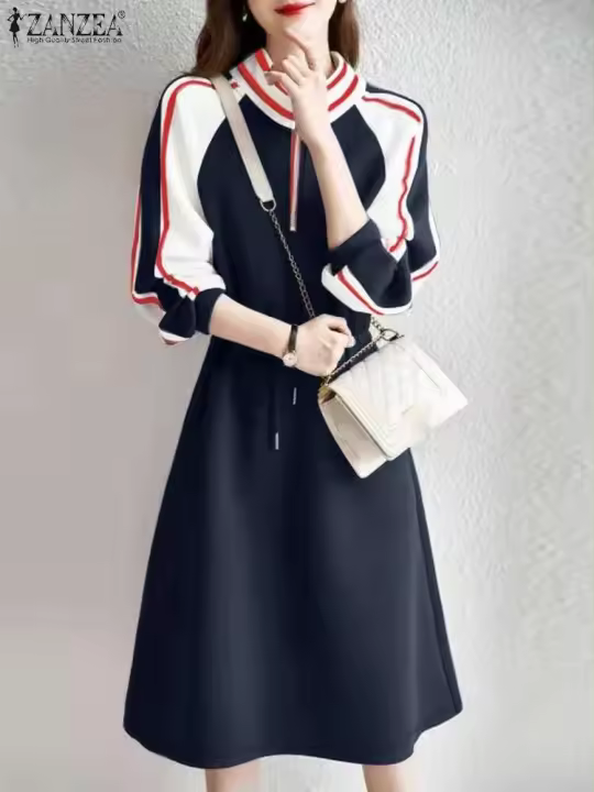 ZANZEA-vestido deportivo de primavera para mujer, vestido informal a la moda de manga larga con rayas en contraste, vestido Midi con cuello levantado y cordón en la cintura - 1
