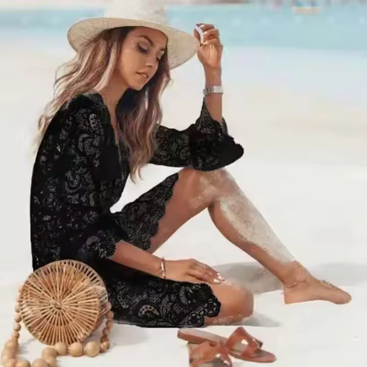 Minivestido de verano para mujer, traje de baño de encaje con huecos de ganchillo, traje de baño, Túnica blanca, envoltura de Sarong, ropa de playa 2024 - 1