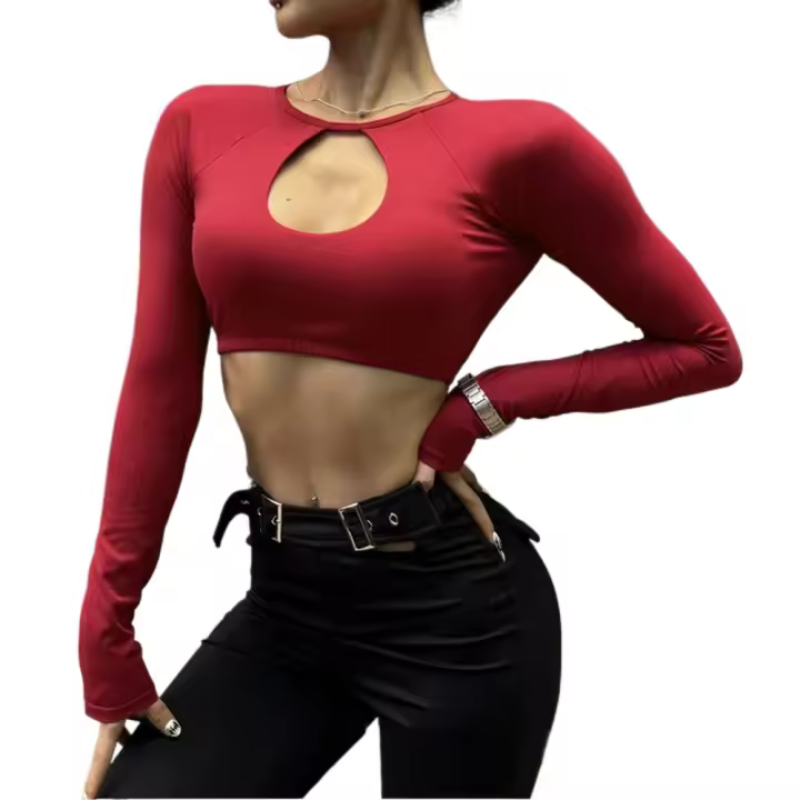 Camisas de Yoga sin costuras para mujer, Top corto acanalado de manga larga, Top deportivo con escote cuadrado, ropa para mujer - 1