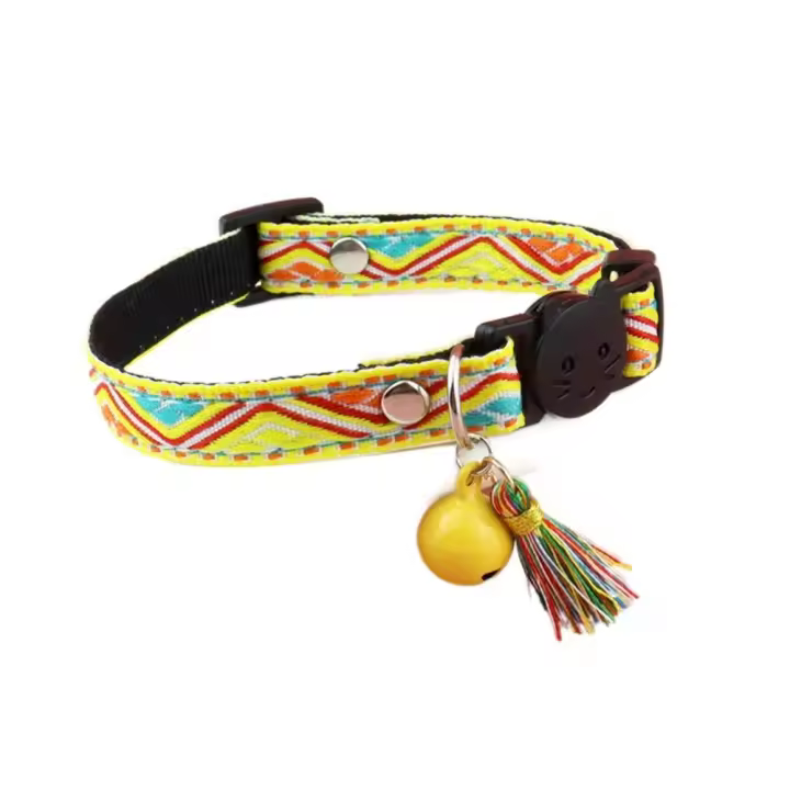 Collar de gato ajustable colorido con borlas y campanas, Collar para mascotas, exquisito patrón Jacquard a cuadros, correa para el cuello para mascotas - 1