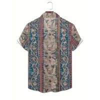Camisa retro con estampado de ángulos para hombre, manga corta con botones, tejido transpirable, ligero. Perfecto para el verano, vacaciones al aire libre. - details 1