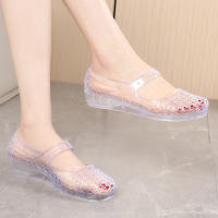 Antideslizante transparente cristal agujero agujero bolsa cabeza sandalias de las mujeres de moda desgaste versátil y cómodo Internet celebridad cuña tacón solo zapatos aumentando zapatillas - details 5