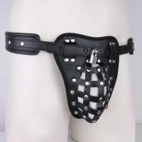 Cesta de castidad de cuero de poliuretano para hombre, ropa interior, tirantes abiertos a la cadera para gay, Tanga sexy con cerradura - details 2