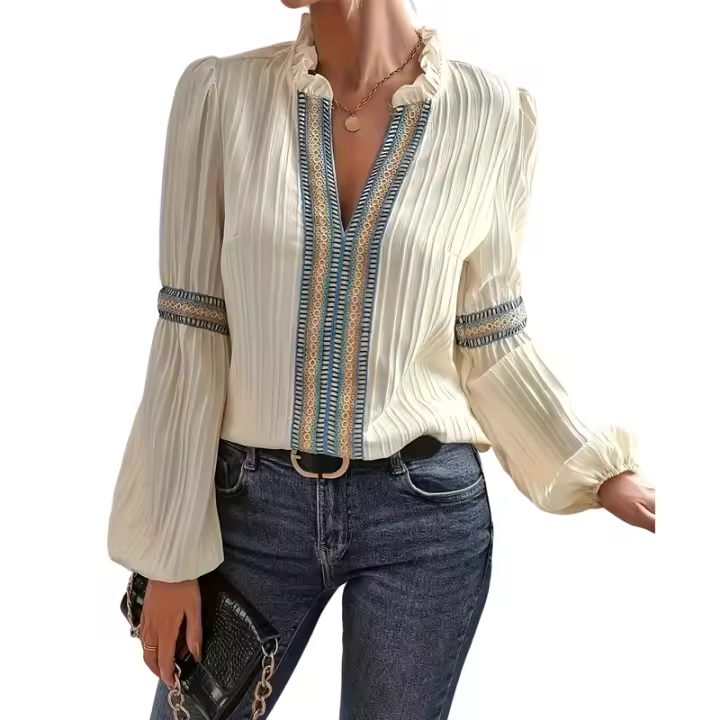 Una camisa con bloques de color, cuello con muesca y mangas farol con volantes informales, perfecta para primavera y otoño, ropa de mujer. - 1