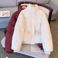 Women short thick cotton padded puffer jacket winter stand collar zipper basic coat outwear - details 3