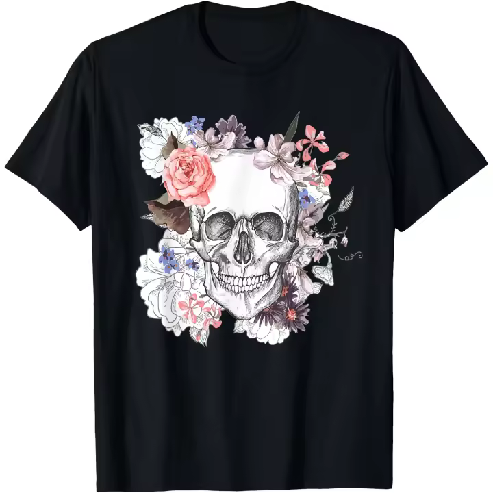 Camiseta con diseño de calavera de flores y rosas de calavera de azúcar para mujeres y niñas, camiseta para hombre - 1