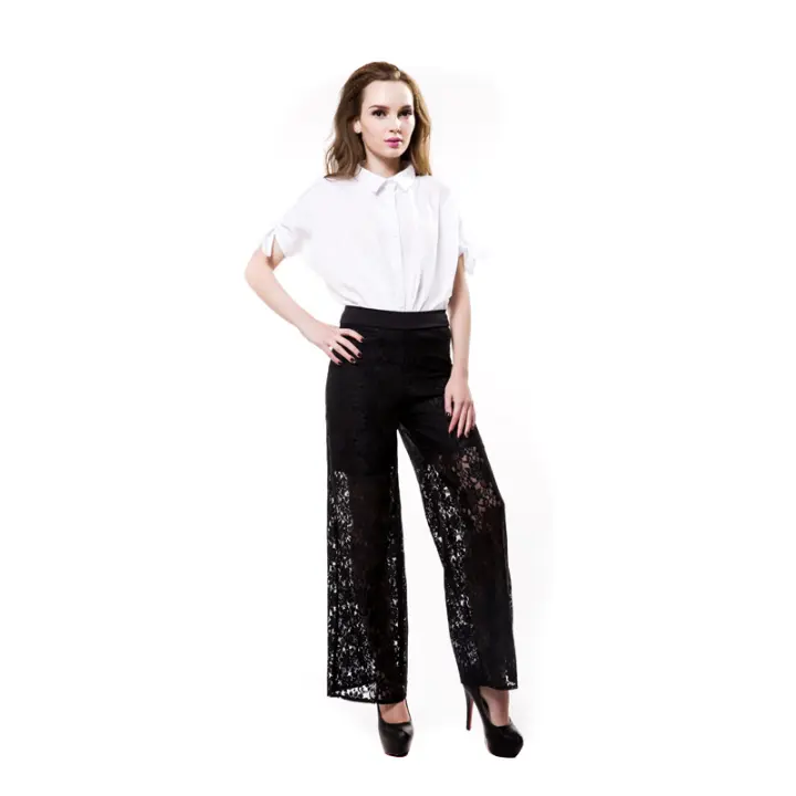 NOVEDAD DE VERANO 2025, pantalones de pierna ancha de nueve puntos de cintura alta elásticos de encaje para mujer, superventas - 1