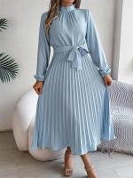 Vestido plisado elegante con cuello levantado y manga larga y cintura cerrada para mujer, vestido largo de Otoño Invierno - details 34