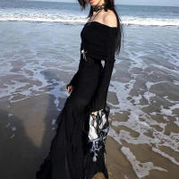 Elegante Vestido de Moda Oscura con Volantes Cuello de Aguja Gótico Largo Vestido Mxi para Mujeres - details 3