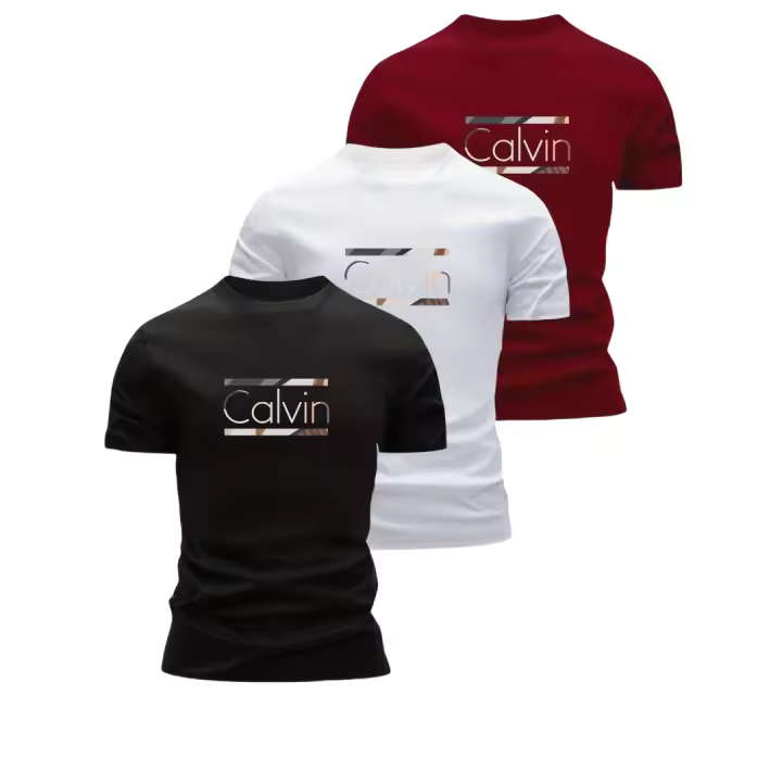 Paquete de 3 camisetas ajustadas 100% algodón para hombre - Diseño de apliques Calvin de manga corta transpirable de verano, camisas casuales suaves con cuello redondo Rojo/blanco/azul Uso diario cómodo - 1