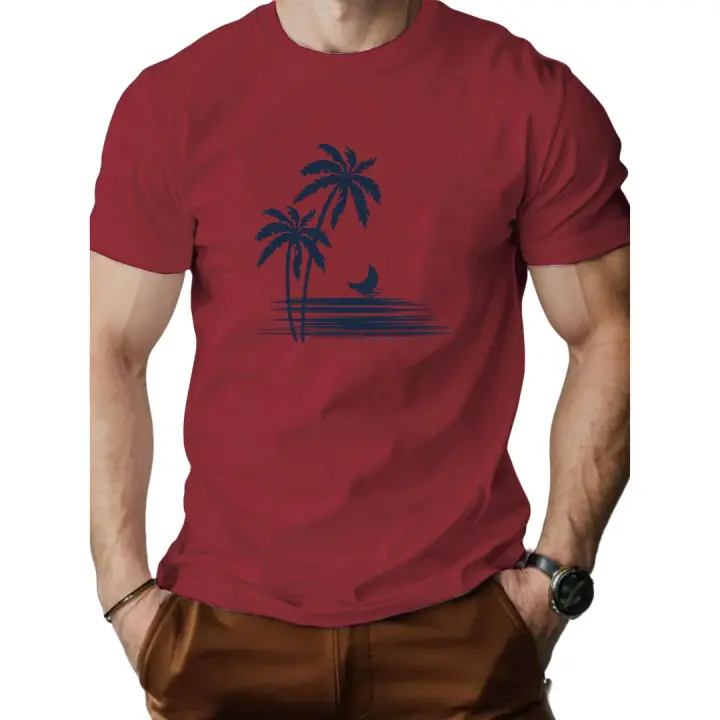 Camiseta casual de algodón de verano para hombre con gráfico de palmera y luna - Cuello redondo, manga corta, camiseta roja ligera y transpirable para atuendo informal, camiseta - 1