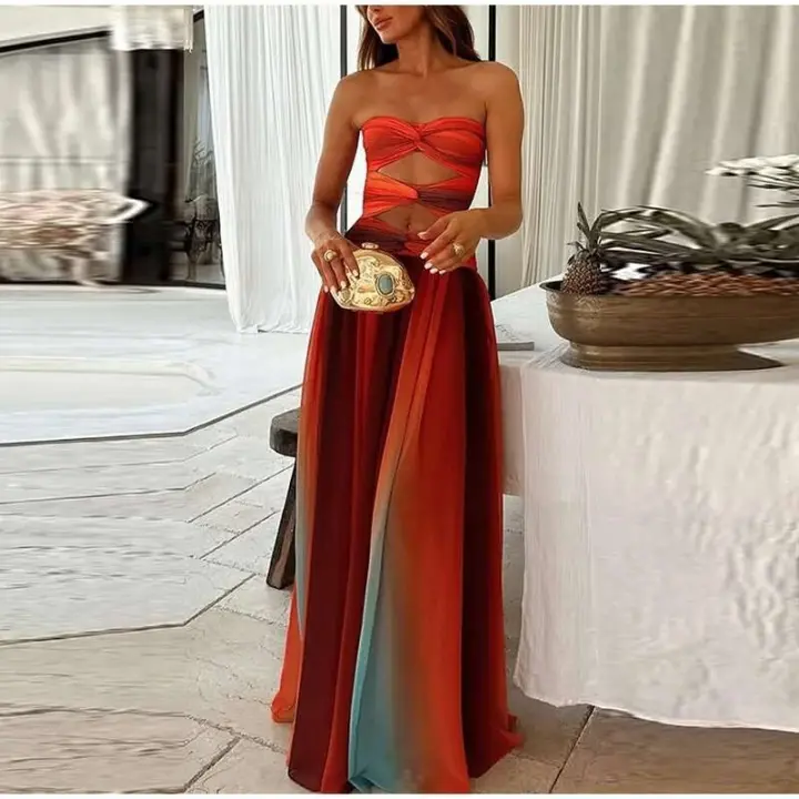 Vestido largo elegante con estampado degradado para mujer, vestido sin tirantes con agujeros y cintura alta, bata A e para mujer, moda Primavera 2025, vestidos elegantes para mujer - 1