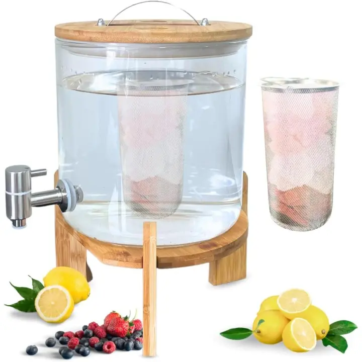 Dispensador de Bebidas de Cristal con Grifo, Piedras Terapéuticas, Tapa y Soporte de Madera de Bambú - Incluye Filtro para Mezclar en Interior - 5 Litros - 1
