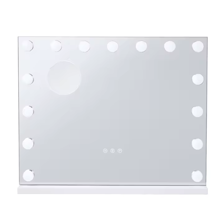 SucceBuy Espejo de tocador Hollywood con luces: 22,8 x 18,1 pulgadas, blanco, 15 bombillas regulables, 3 modos de color. Aumento desmontable 5X - 1