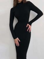 Elegante Vestido Bodycon de Moda Otoñal de Cuello Alto Manga Larga Color Sólido - details 13