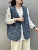 Chaleco de Mezclilla Vintage para Mujeres Masss Wasss 2024 Primavera Sin Mangas Moda Clásica Suelta Casual Cuello en V Cintura con Botones Blanco - details 2