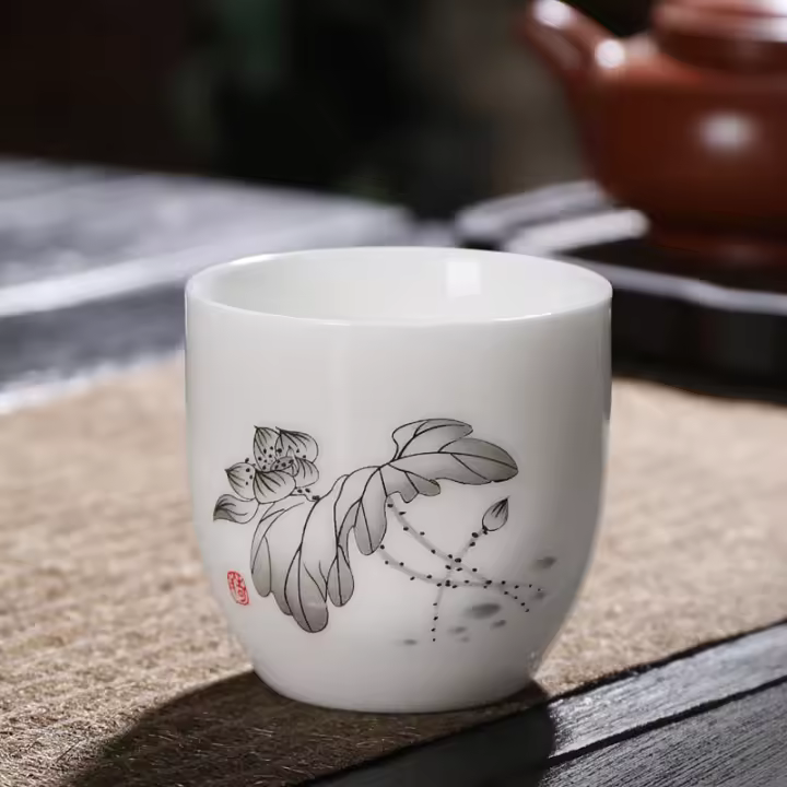 Yangzhi Jade Classic Ciruela Orquídea Bambú Crisantemo Maestro Dehua Porcelana Blanca Oficina y Hogar Taza de Té Grande - 1