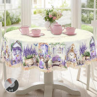 Mantel redondo de lino lavanda con estampado de gato bonito disponible en 5 tamaños elegante mesa de cocina de jardín para uso diario en el hogar - details 0