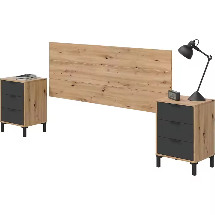 2 mesitas de Noche, Cabecero para Cama de Matrimonio, Modelo Enzo, Acabado en Roble Nodi y Gris Antracita, Medidas: 160cm (Ancho) x 60 cm (Alto) x 2,5 cm (Fondo) - 1