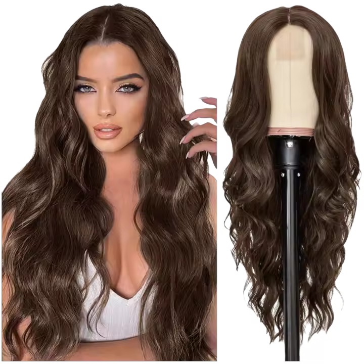 Long Dark Brown Wavy Wig 26 Inch Middle Part Curly Wavy Wig Natural Looking Synthetic Heat Resistant Fiber Wig (Dark Brown) - 1