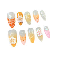 10pcs Uñas Postizas De Estilo Francés Hechas a Mano Con Decoración De Flores Almendradas Y Naranjas Para Verano Uñas Falsas De Resina Para Manicura - details 6