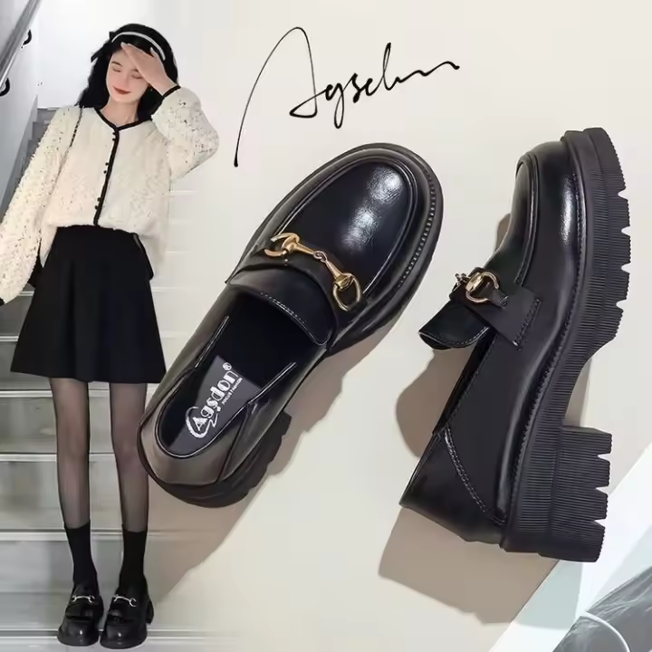 Otoño e Invierno nuevo estilo británico de suela gruesa zapatos casuales con hebilla de metal mocasines de piel de becerro de moda para mujer - 1