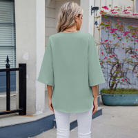 BUNO-2025 Blusa de moda con cuello en V para mujer, camisas de gasa de siete mangas con empalme de encaje, camisa holgada informal de Color sólido elegante para oficina, novedad de 20252 - details 24