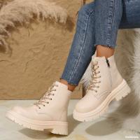 Botas de moto de cuero Pu para mujer, botas de tobillo cálidas con cordones de felpa, tacón plano beige negro, botas de algodón antideslizantes, invierno - details 13