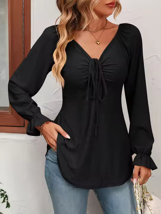 Camiseta de manga larga para acampar con cuello en V para mujer, camiseta con cintura de encaje, top elegante para primavera y otoño 2023 - 1