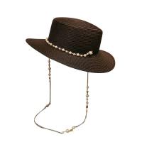 Sombreros de sol planos con cadena de perlas de verano para mujer, sombrero femenino de paja ancho Anti-UV, gorro de playa para niña - details 4