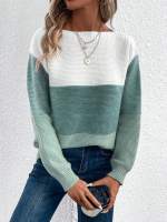 Elegant Three-color Patchwork Sweater Women Daily Commuter Casual Loose Jumpers Female Autumn Winter Knitted Thickened Warm Tops - details 17
