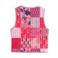 Ropa de otoño de 2024, mujer floral rosa, estampado de anacardo superior, chaleco vintage abotonado, chaleco acolchado para mujer con lazo frontal - details 20