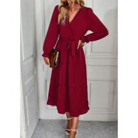 Vestido elegante de color sólido con cuello en V para mujer de manga larga - details 10