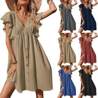 Vestido informal de manga con cuello en v para Mujer, traje con bolsillo corto, minivestido de verano - details 1